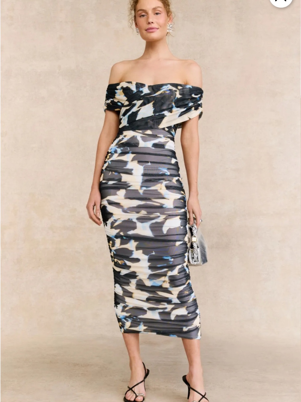 AFRM Off-Shoulder Ruched Midi Dress in Black, Cream & Blue Abstract Print